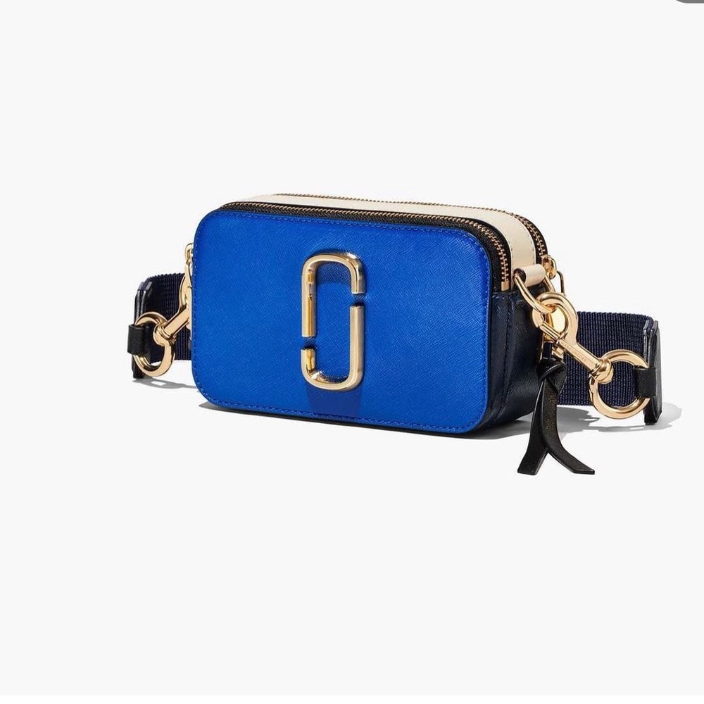 Blue Marc Jacobs snapshot bag with colorful strap